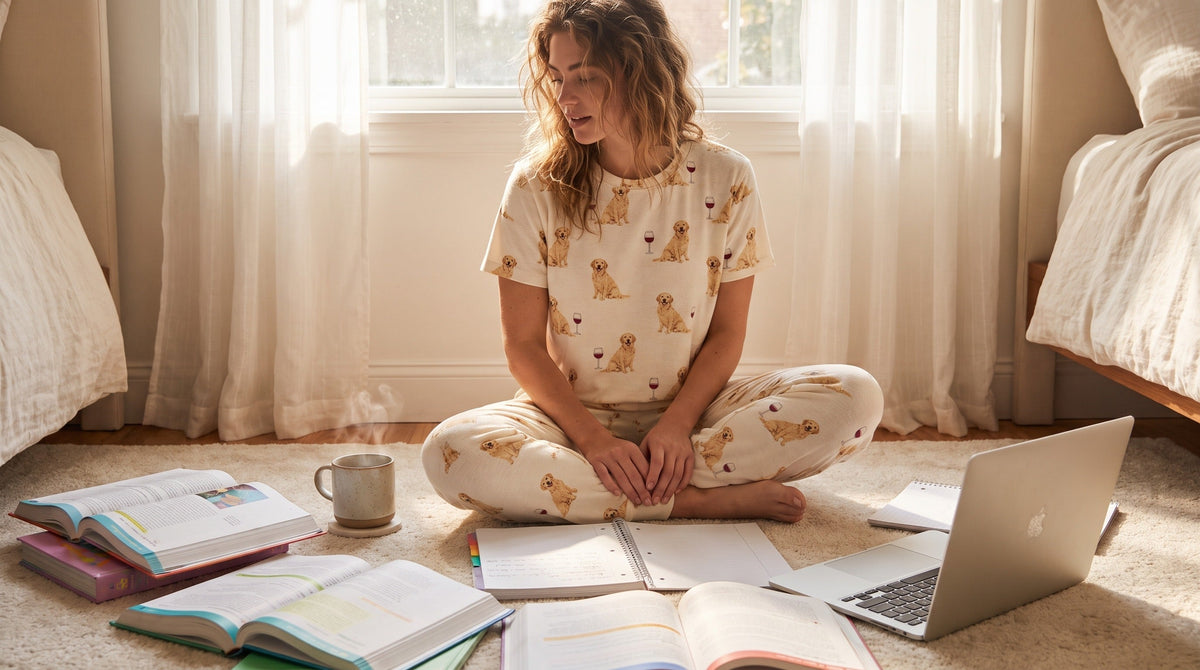 Woman wearing cozy two-piece pajama set while studying, perfect back to school gift