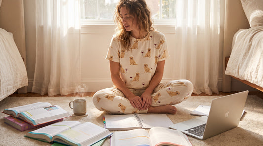 Woman wearing cozy two-piece pajama set while studying, perfect back to school gift
