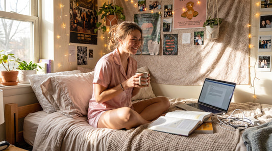 Woman wearing pink loungewear set studying in bright dorm room