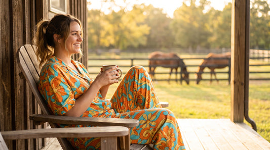 Woman wearing colorful printed summer outfit set relaxing at horse barn