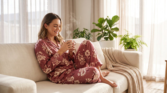 Woman wearing casual loungewear pajama set relaxing at home with coffee
