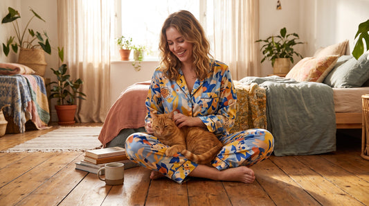 Woman wearing printed satin coord set lounging at home with cat