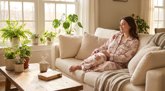 Woman wearing comfortable crz yoga lounge wear style satin pajama set while relaxing at home