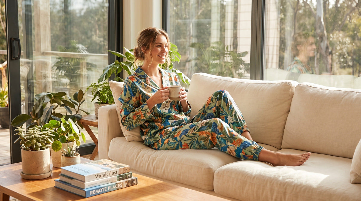Woman wearing comfortable jogger set while relaxing at home with coffee