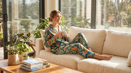 Woman wearing comfortable jogger set while relaxing at home with coffee