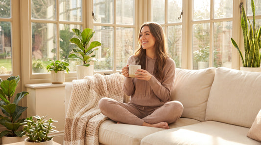 Woman wearing light brown sweat set relaxing at home with coffee