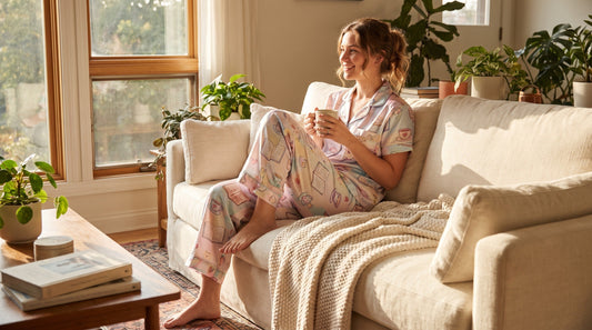 Woman wearing silky satin lounge pants and matching pajama top relaxing at home