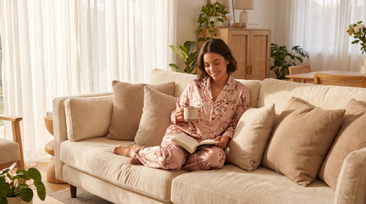 Woman wearing petite loungewear satin pajama set relaxing at home