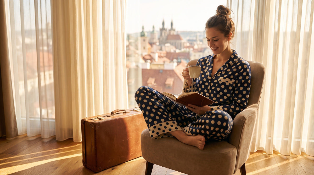 Woman wearing polka dot sweat set by hotel window during travel morning