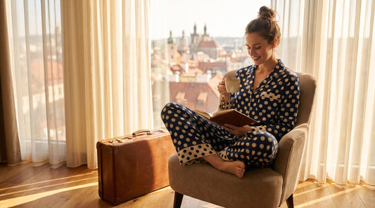 Woman wearing polka dot sweat set by hotel window during travel morning