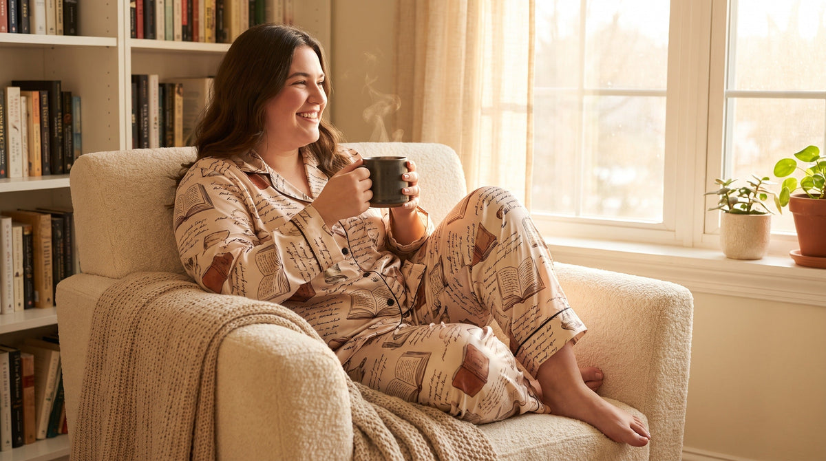 Woman wearing soft satin loungewear pajama set in plus size, relaxing at home