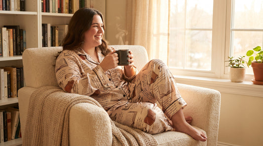 Woman wearing soft satin loungewear pajama set in plus size, relaxing at home