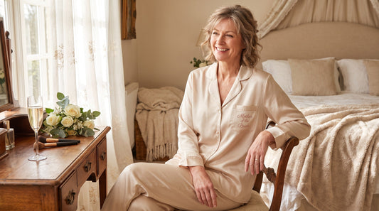Woman wearing elegant satin sweat set for mother of the bride getting ready