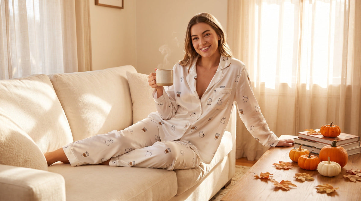 Woman wearing white loungewear set with Halloween print relaxing at home