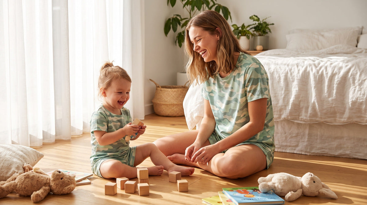 Woman and child wearing Big Boss Mini Boss matching AOP set two piece summer loungewear in pastel camo print