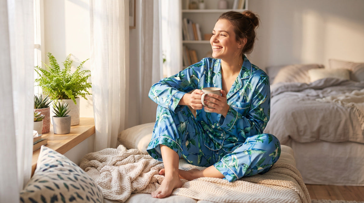 Woman wearing birdsong dreams 2 piece pajama set for women summer in sunny bedroom