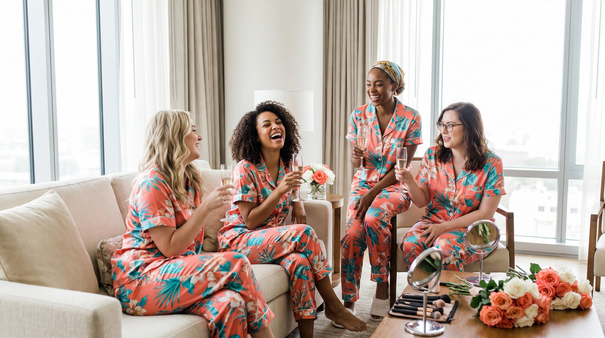 Bridesmaids wearing matching tropical print two piece pajama sets in sunny hotel room