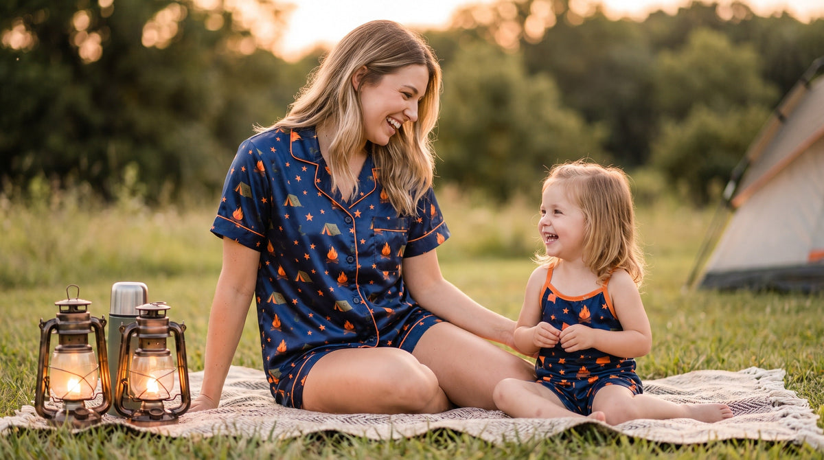 Mom wearing starry campfire print matching pajama set with daughter coordinating outfit summer vacation
