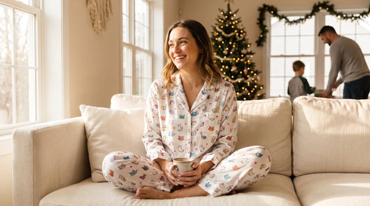 Woman wearing white cat print satin pajamas on cozy sofa for family matching sleepwear