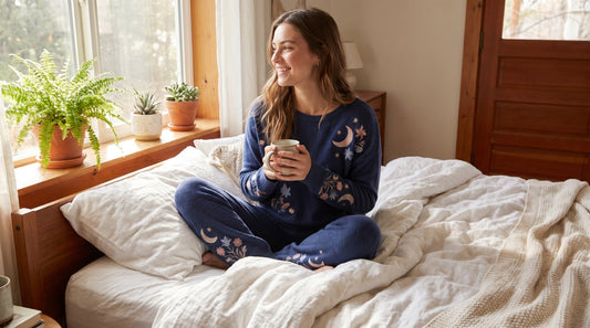 Woman wearing celestial pajamas two piece set in summer bedroom with coffee and morning light