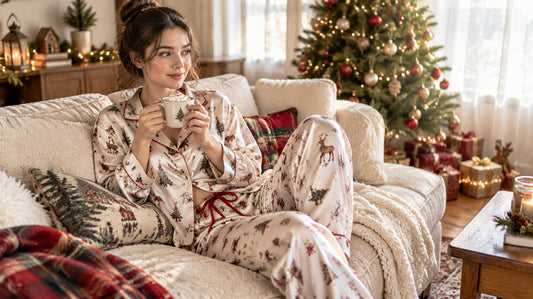 Woman wearing casual Christmas lounge set relaxing at home during holidays