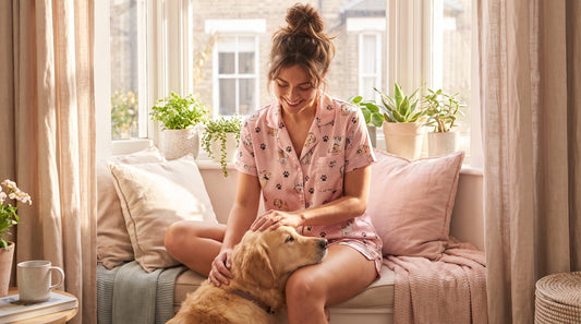 Woman wearing cute dog mom 2 piece pajama set relaxing with golden retriever in sunny bedroom