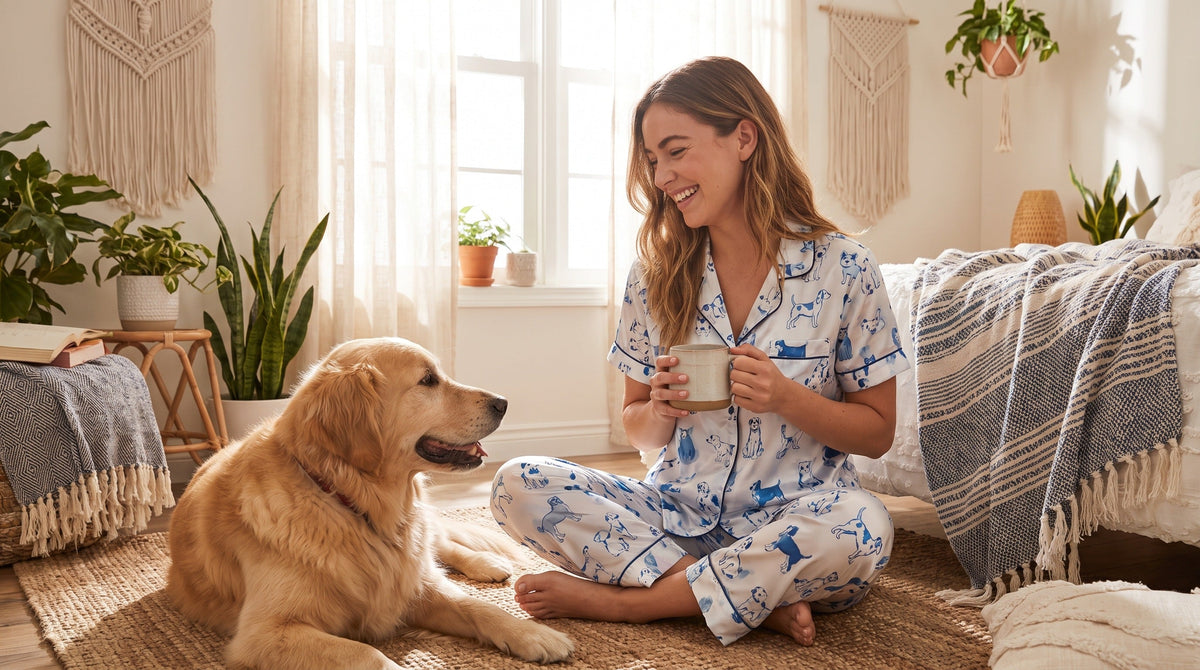 Woman wearing cute dog mom two piece pajama set in summer bedroom with her dog