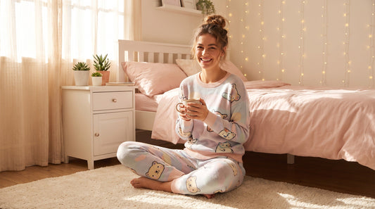 Woman wearing cute kawaii two piece set for summer lounging at home in sunlit bedroom
