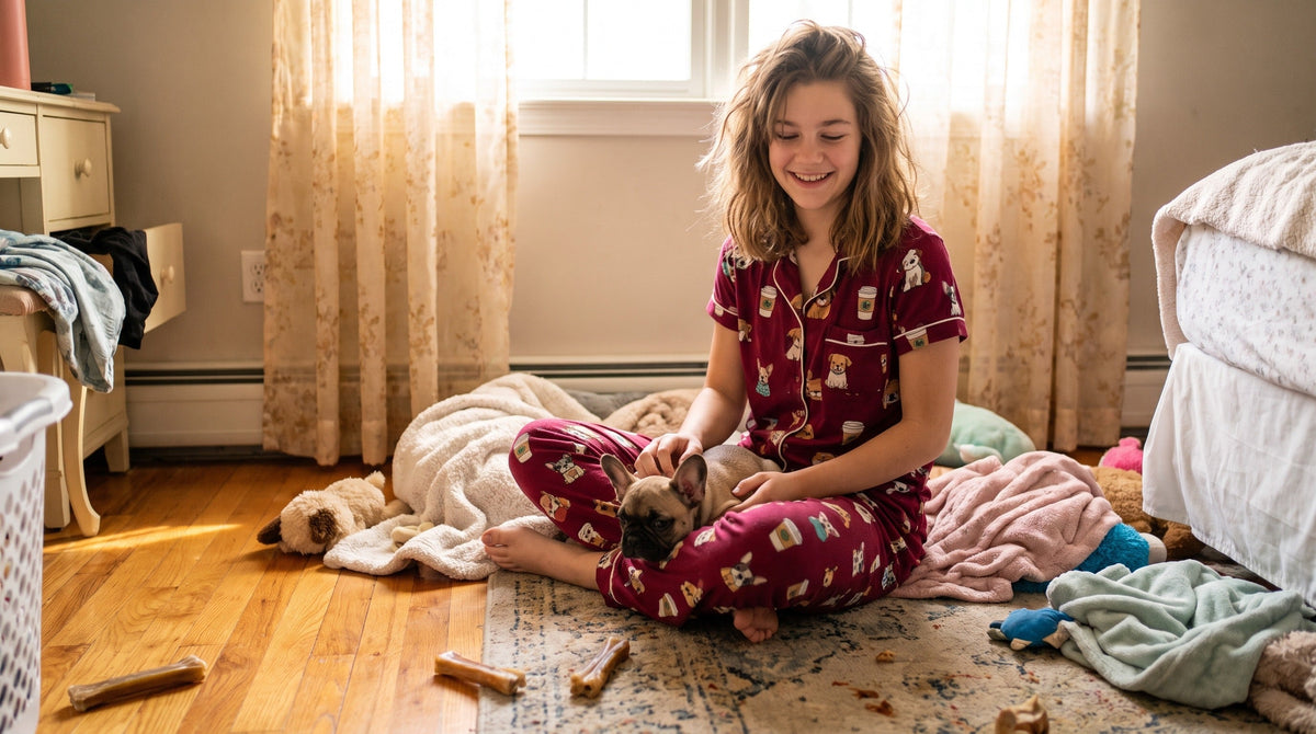 Teen girl wearing cute dog mom pajama set lounging with French Bulldog