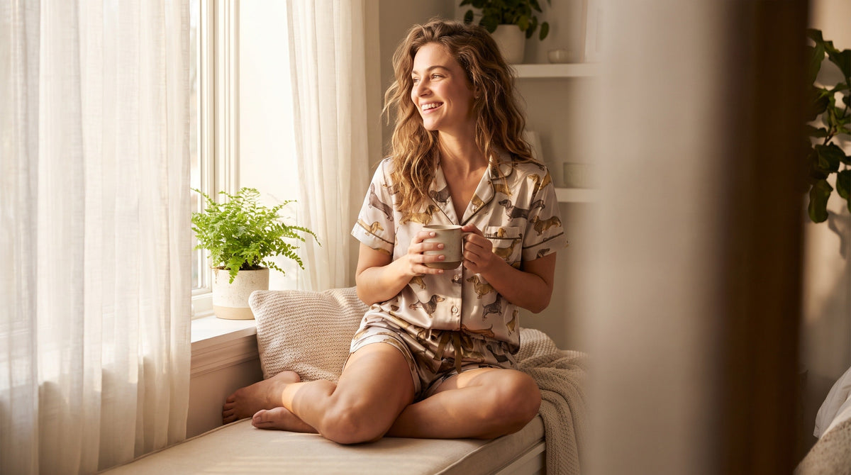 Woman wearing dachshund print short pajama set in sunny summer bedroom