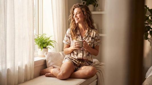 Woman wearing dachshund print short pajama set in sunny summer bedroom