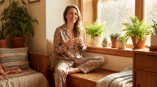Woman wearing retro handyman print button-down pajama set for summer lounging at home
