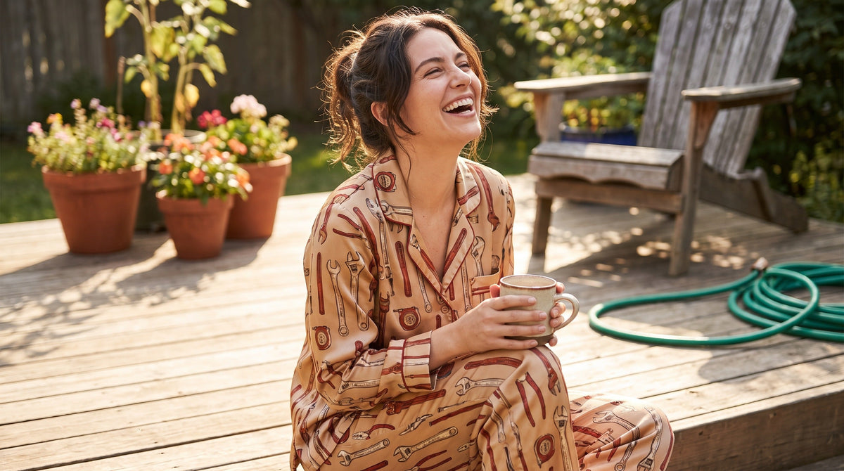 Woman wearing retro handyman print button-down pajama set on summer deck