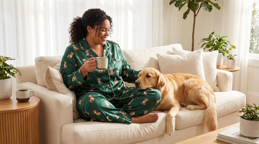 Plus-size woman wearing festive dog mom pajamas in satin, relaxing at home with her dog