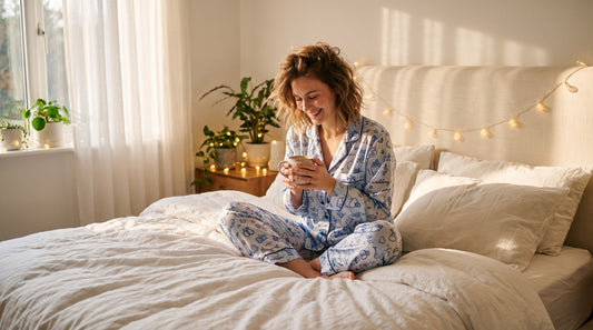 Woman wearing dreamy fantasy two piece pajama set in sunny bedroom with romantic decor