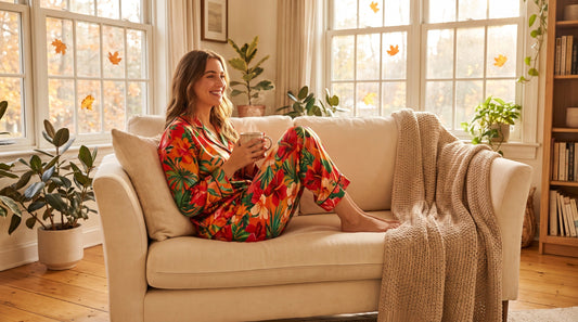 Woman wearing colorful two-piece fall pajama set on couch with coffee mug
