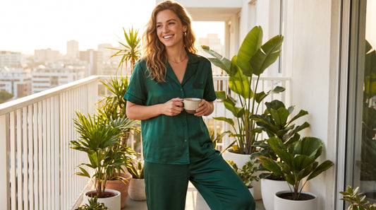 Woman wearing glamorous emerald satin two-piece set on sunny balcony for summer fashion inspiration