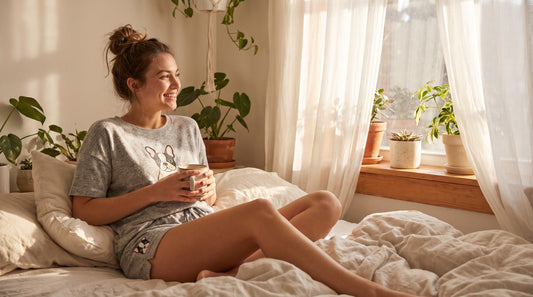 Woman wearing French Bulldog pajama set with shorts in sunny summer bedroom