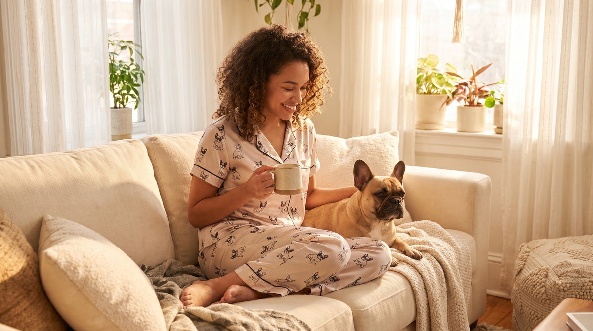 Woman wearing French Bulldog print two piece summer pajamas relaxing at home with coffee