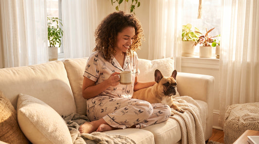 Woman wearing French Bulldog print two piece summer pajamas relaxing at home with coffee