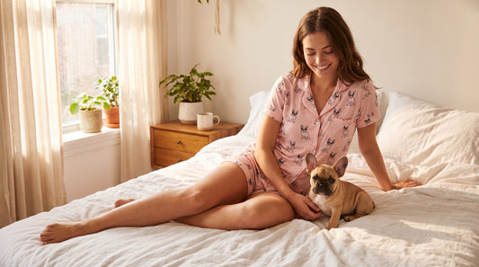 Woman wearing Frenchie pajamas 2 piece set for summer with her French bulldog