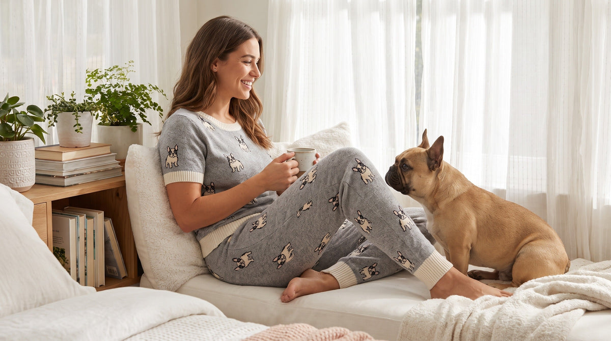 Woman wearing French Bulldog print two-piece summer pajamas relaxing with coffee and her Frenchie
