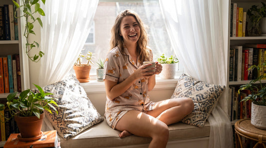 Woman wearing funny Corgi dog print pajama set summer loungewear at home
