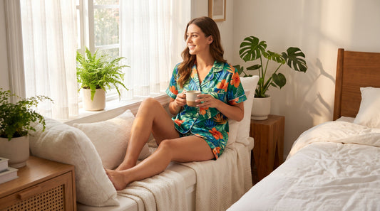 Woman wearing colorful printed two-piece summer pajama set, gift 2 piece sets for women summer