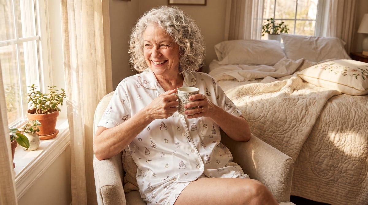 Grandmother wearing comfortable bridal-themed satin pajama set for wedding morning