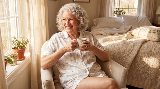 Grandmother wearing comfortable bridal-themed satin pajama set for wedding morning