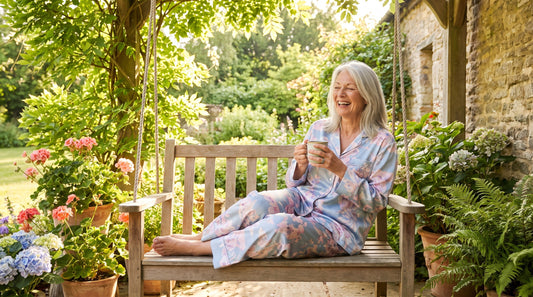 Grandmother wearing comfortable satin two piece pajama set on summer porch
