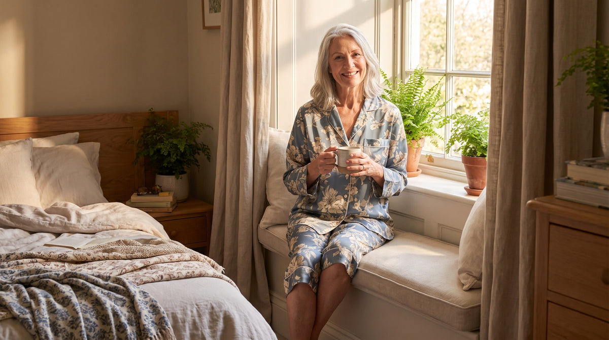 Grandma wearing comfortable two piece pajama set for summer lounging at home