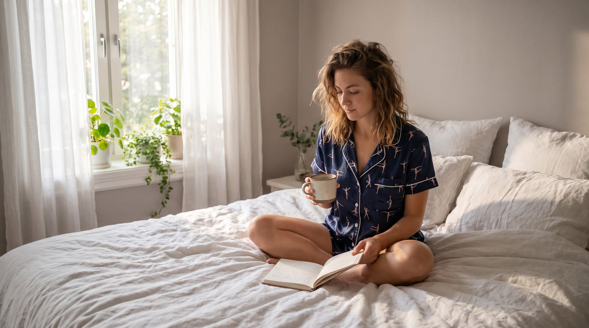 Woman wearing gymnast print two-piece pajama set in sunny bedroom