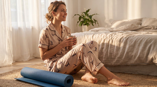 Woman wearing gymnastics print two piece pajama set in sunny summer bedroom